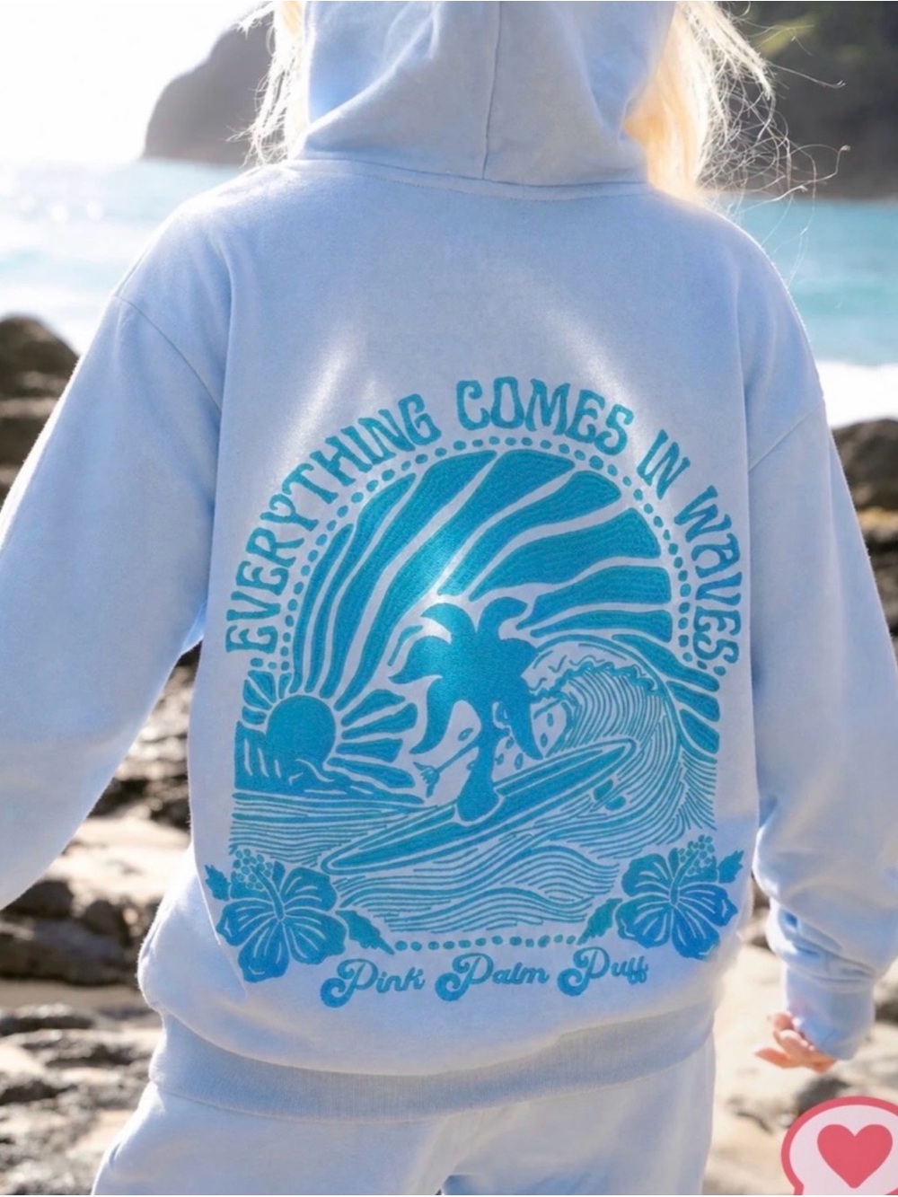PINK PALM PUFF Everything Comes in Waves Blue Hoodie Size Small VGUC